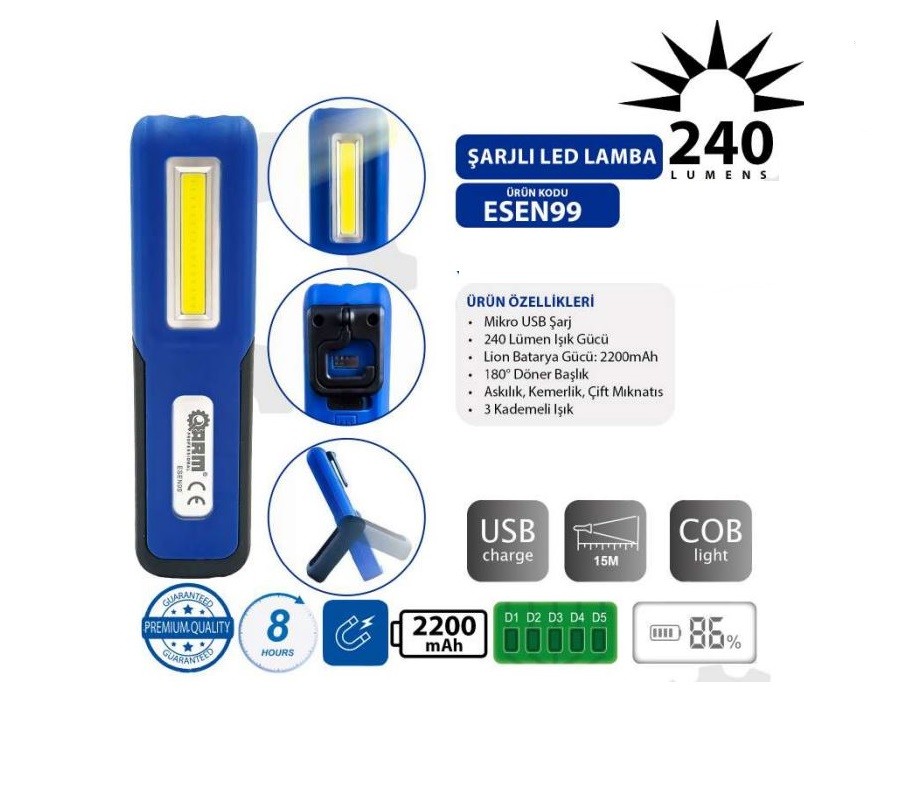 ARM 240 Lümen Şarjlı Led Lamba Mıknatıslı Fener - ESEN99 ARM 240 Lümen Şarjlı Led Lamba Mıknatıslı Fener