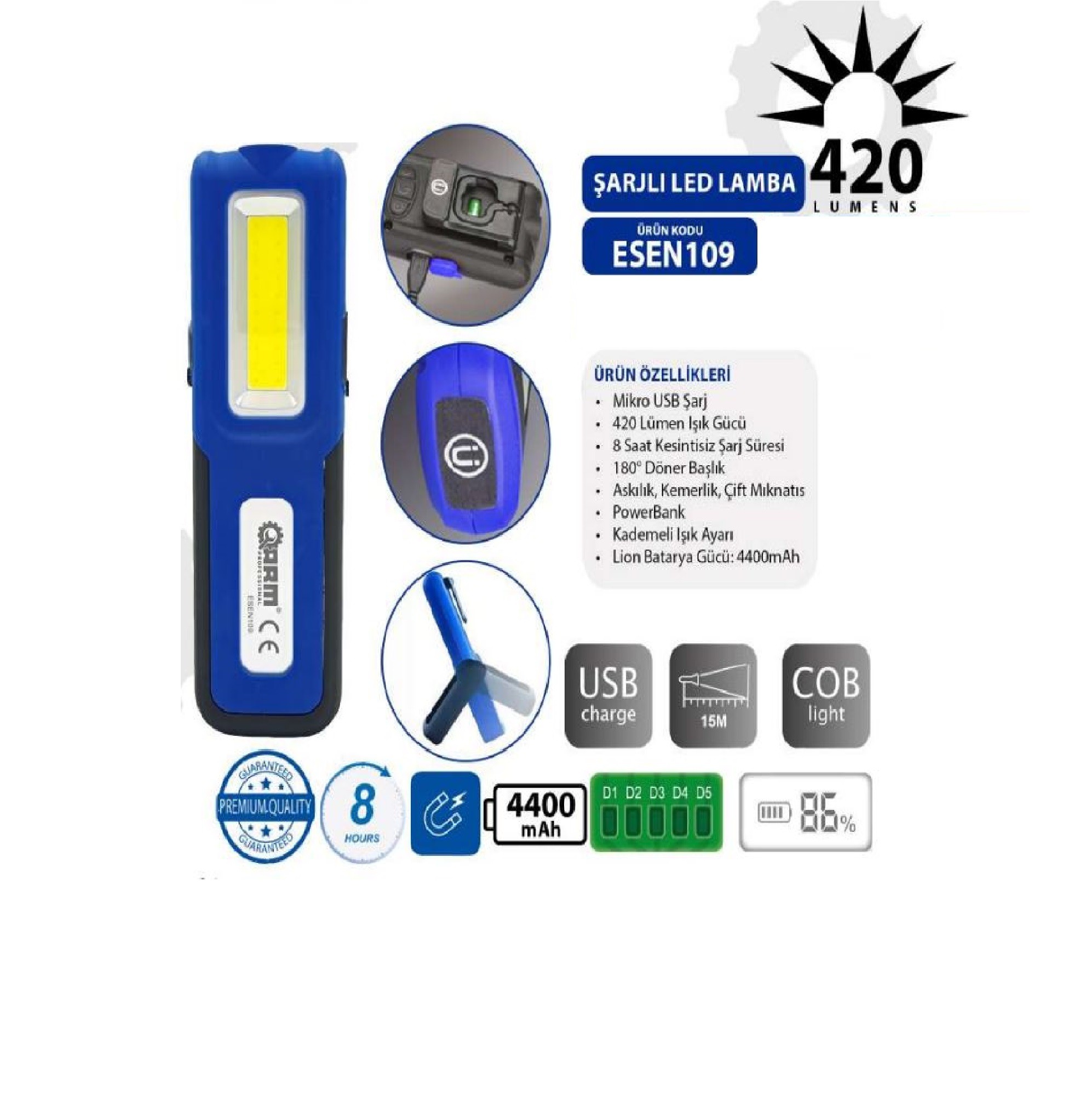 ARM Şarjlı Mıknatıslı Led Lamba Fener 420 Lümen - ESEN109 ARM Şarjlı Mıknatıslı Led Lamba Fener 420 Lümen