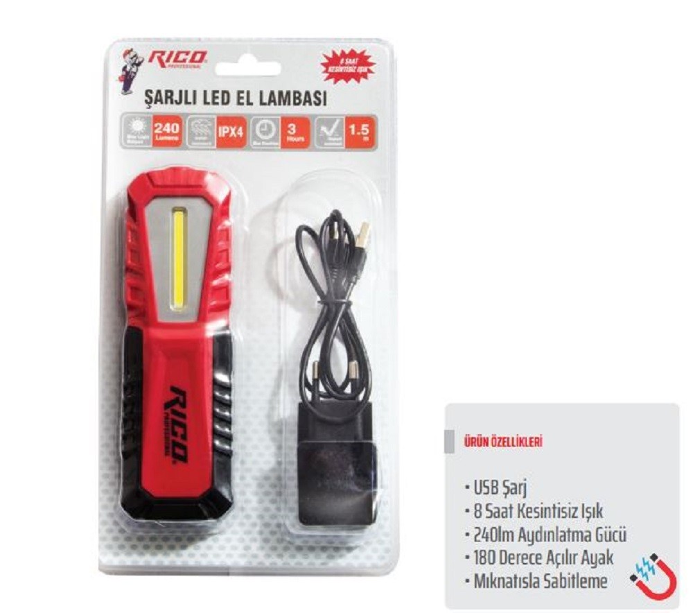 Rico 240 Lümen Şarjlı Mıknatıslı Led Lamba Fener - 013-RC0037 Rico 240 Lümen Şarjlı Mıknatıslı Led Lamba Fener