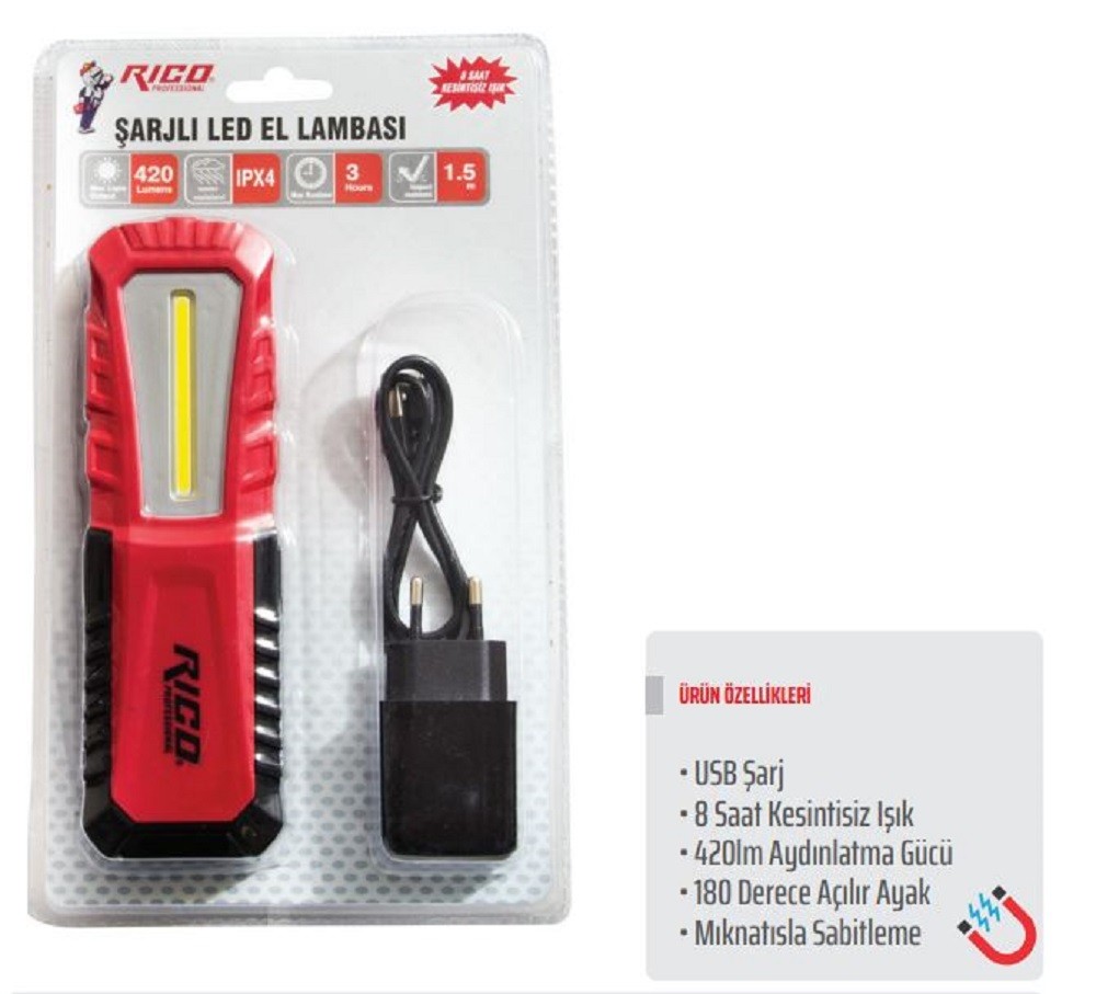 Rico 420 Lümen Şarjlı Mıknatıslı Led Lamba Fener - 013-RC0038 Rico 420 Lümen Şarjlı Mıknatıslı Led Lamba Fener