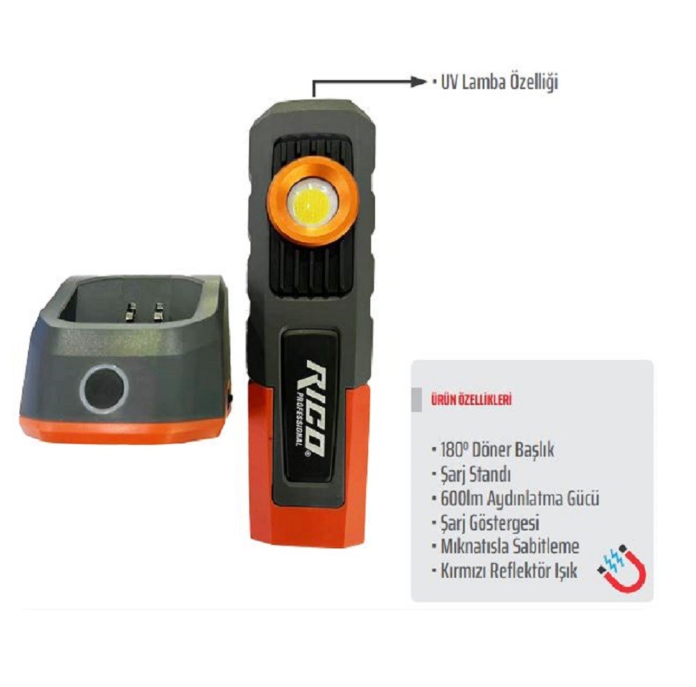 Rico 600 Lümen Şarjlı İstasyonlu Mıknatıslı Led Lamba - 013-RC0027 Rico 600 Lümen Şarjlı İstasyonlu Mıknatıslı Led Lamba