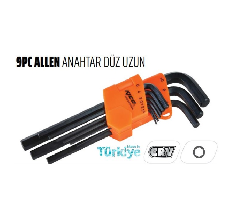 Rico 9 Parça Düz Uzun Allen Anahtar Takımı - 013-RC0215 Rico 9 Parça Düz Uzun Allen Anahtar Takımı